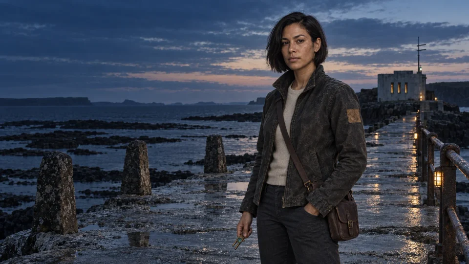 Mara stands on a tidal causeway at dusk, with a remote signal station behind her.