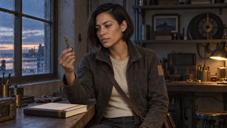 Mara studies a small brass instrument beside a rain-streaked workshop window.