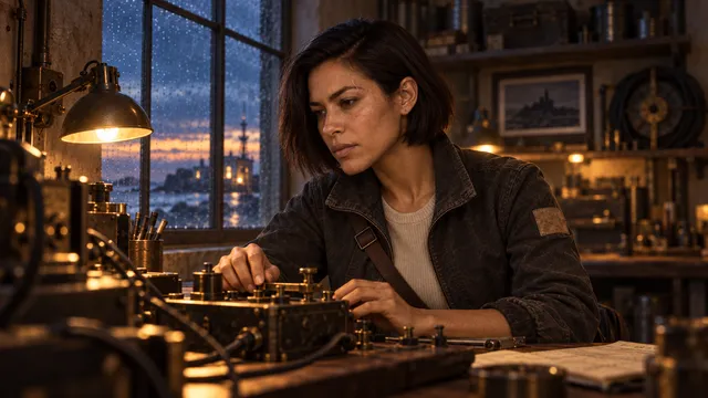 Mara works on a brass instrument at a rain-lit coastal workbench.