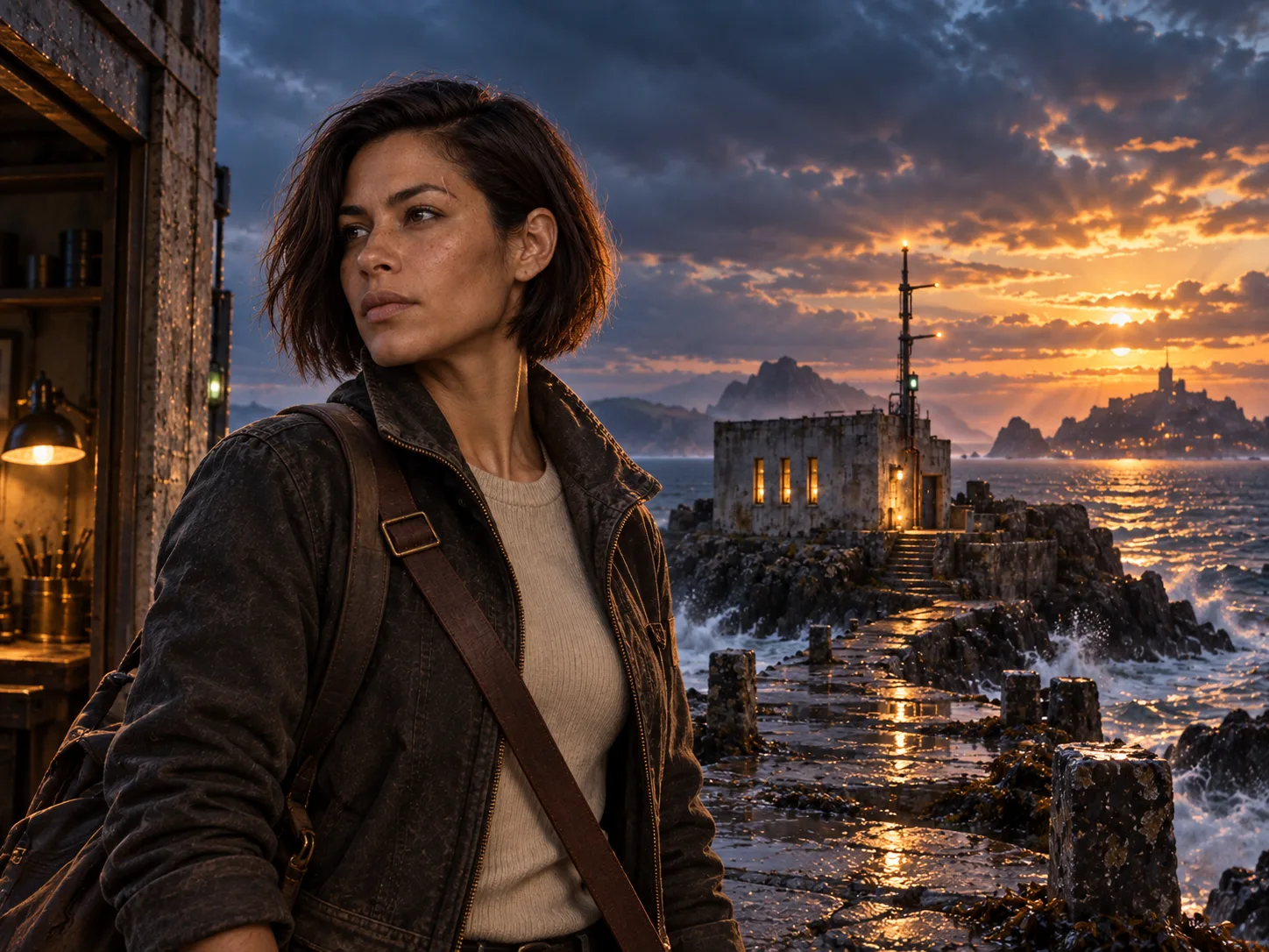 Mara beside the coastal relay station at sunset, in original fictional concept art.
