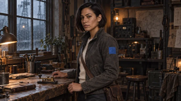 Mara Venn has a blue rectangular patch on her anatomical left upper sleeve, visible on the right side of the image.